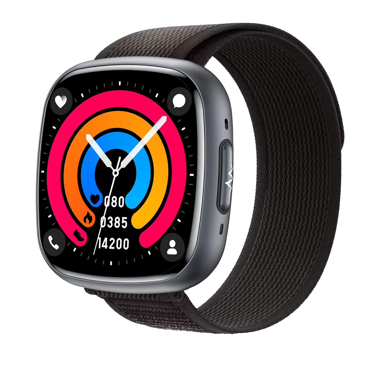 Smartwatch mit farbigem Display, das Aktivitätsdaten anzeigt. Schwarzes Textilarmband.