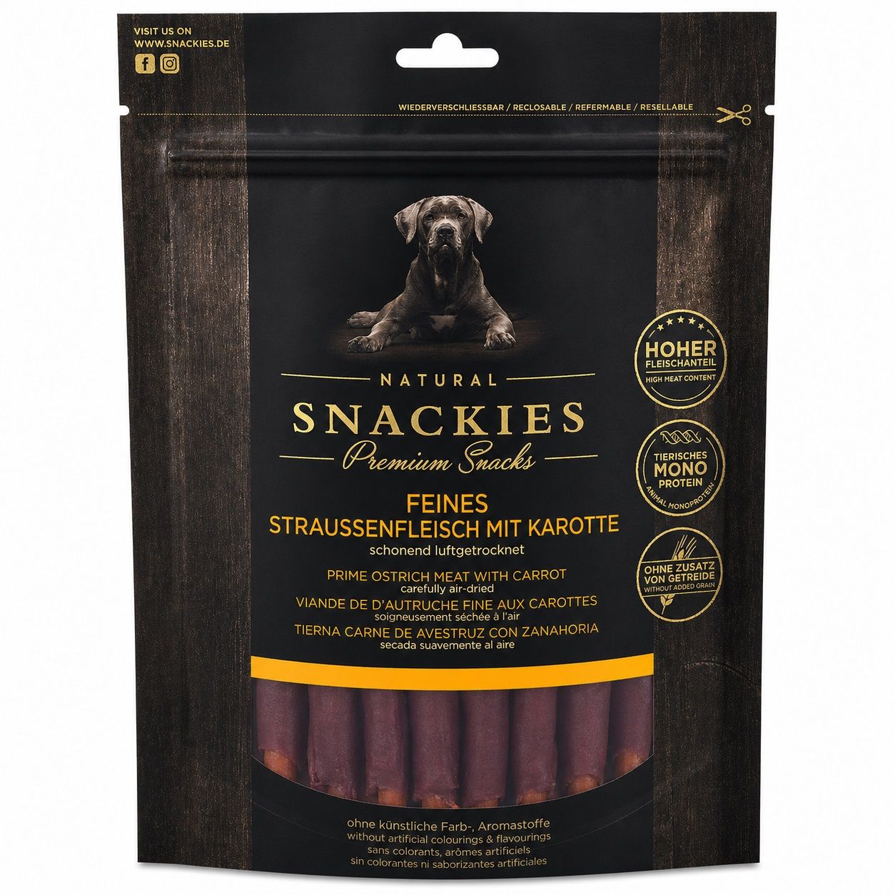 SNACKIES Feines Straussenfleisch mit Karotte - Single-Protein Snack für Hunde