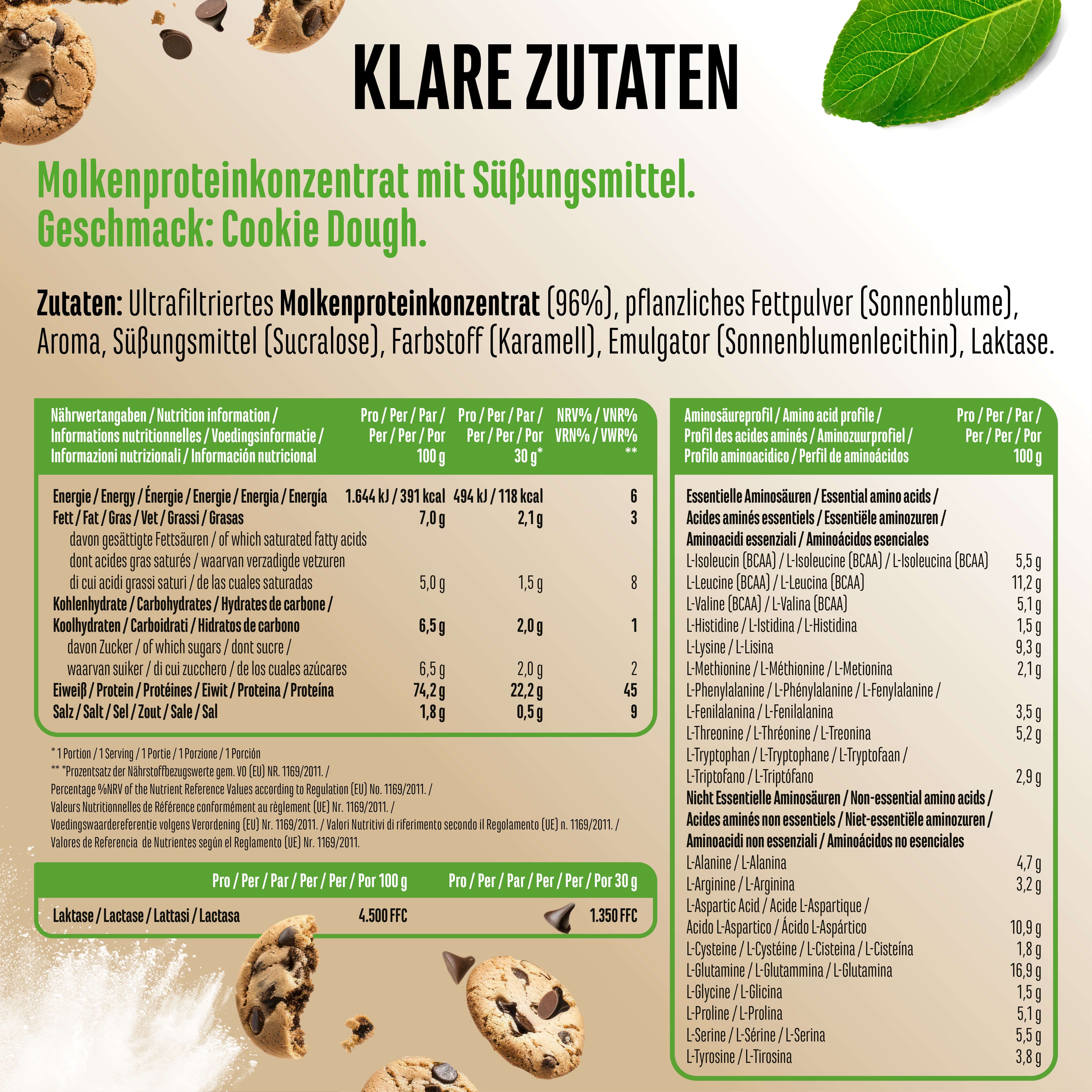 Rückseite der Produktverpackung von "Yummy Whey Protein Cookie Dough". Nährwerttabelle und Zutatenliste. Geschmack: Cookie Dough.