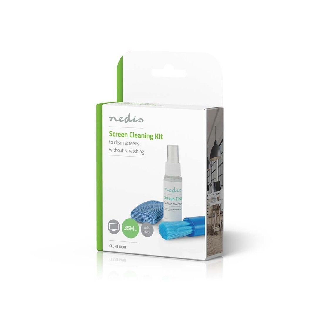 Verpackung mit Bildschirmreiniger-Set. Enthält Reiniger, Tuch und Bürste. Marke: Nedis. Text: Screen Cleaning Kit.