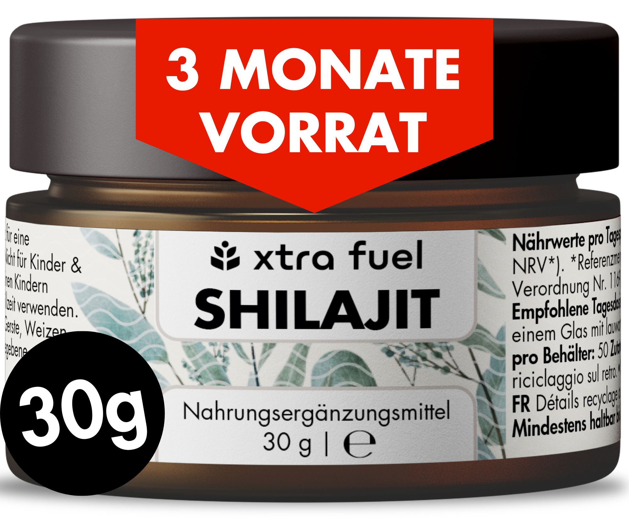 Braune Dose mit Deckel. Text: XTRA FUEL Shilajit. 30g. Aufschrift: Nahrungsergänzungsmittel. 3 Monate Vorrat.