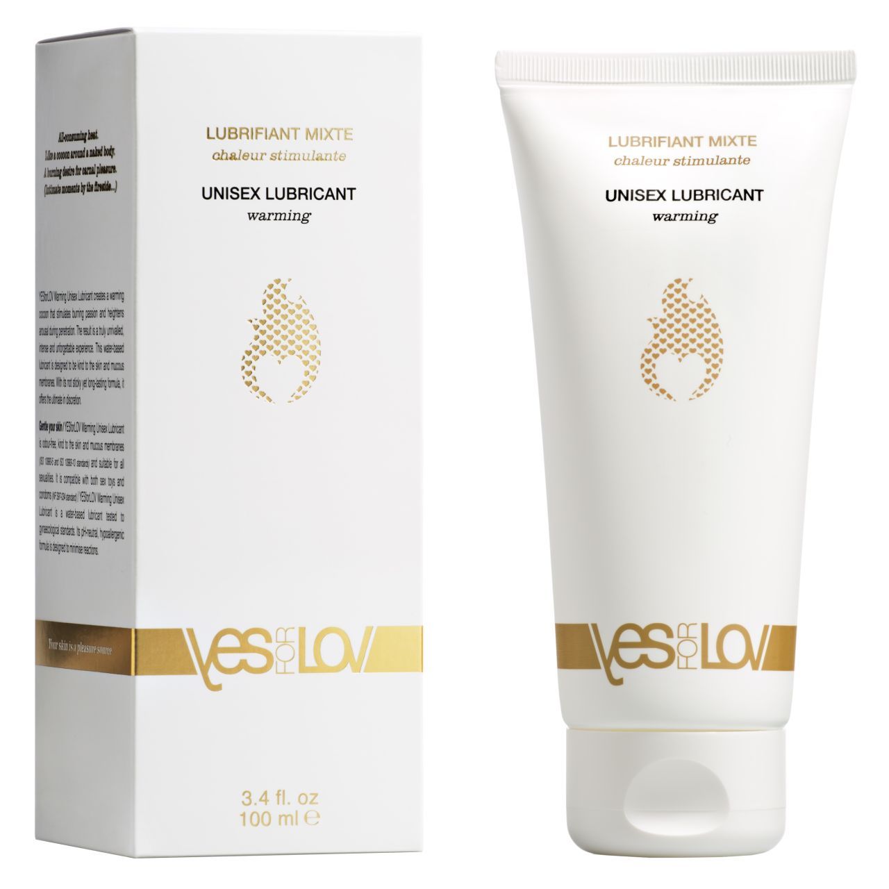 Weiße Verpackung und Tube. Aufschrift: YESforLOV, Unisex Lubricant Warming. Goldene Akzente. 100 ml.
