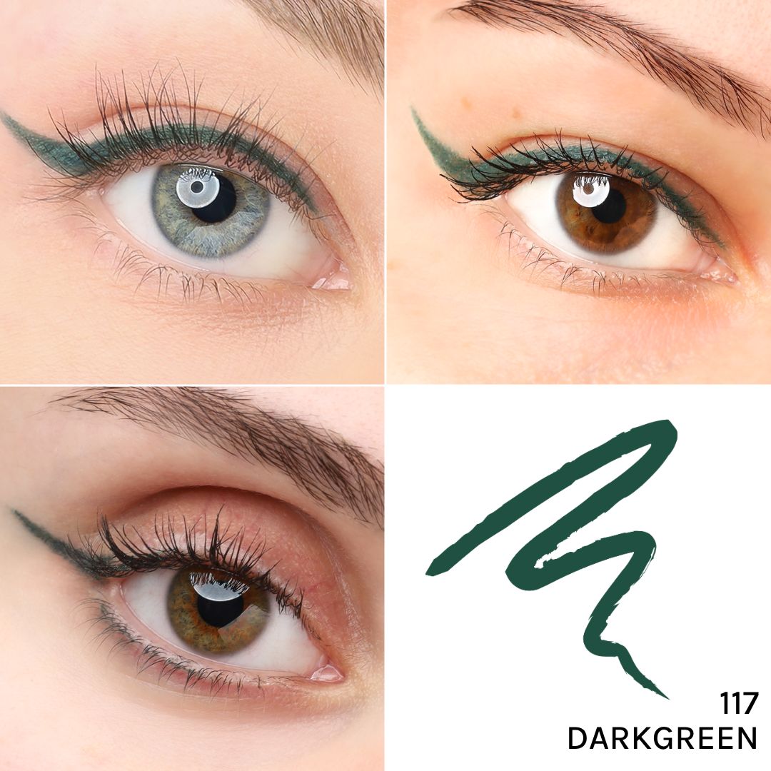 Vier Nahaufnahmen von Augen mit dunkelgrünem Kajal-Eyeliner. Ein Farbmuster und die Nummer 117 sind ebenfalls zu sehen.