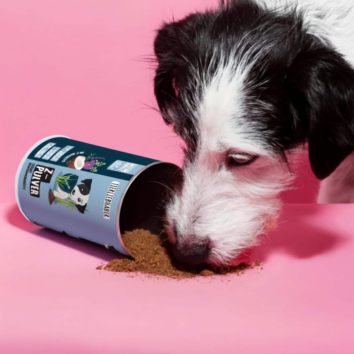 Umgekippte Dose mit Produkt, daneben Hund. Dose mit "TIERLIEBHABER Z-PULVER". Produkt liegt auf pinkem Untergrund.