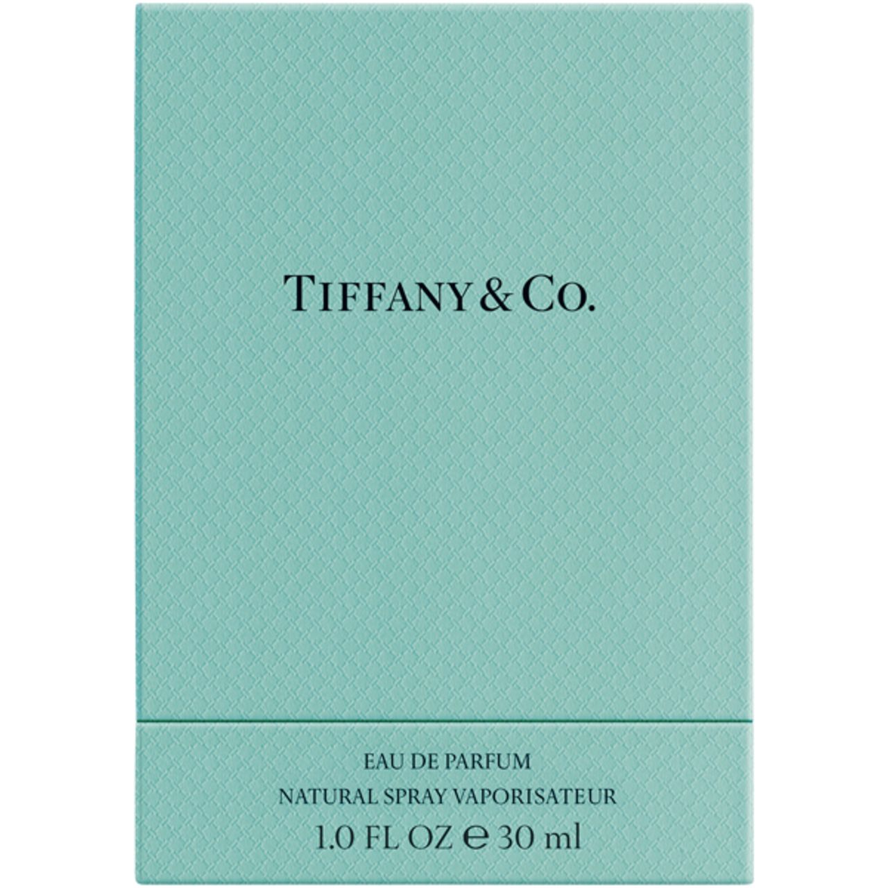Türkisfarbene Schachtel mit Tiffany & Co. Logo. Text: Eau de Parfum, Natural Spray Vaporisateur, 1.0 FL OZ e 30 ml.
