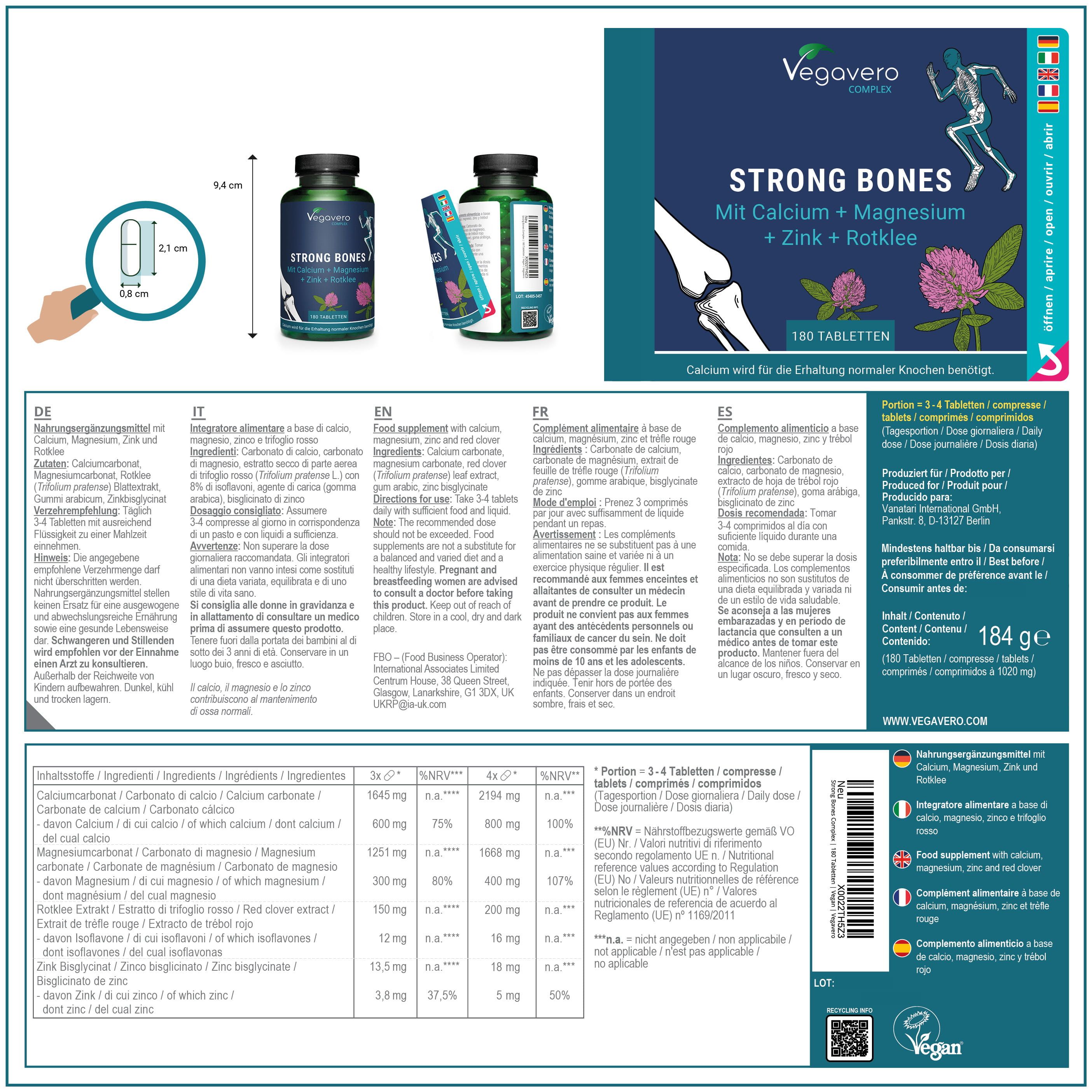 Rückseite der Verpackung von Strong Bones. Enthält Informationen zu Inhaltsstoffen, Nährwerten und Hersteller. Mehrere Sprachen.