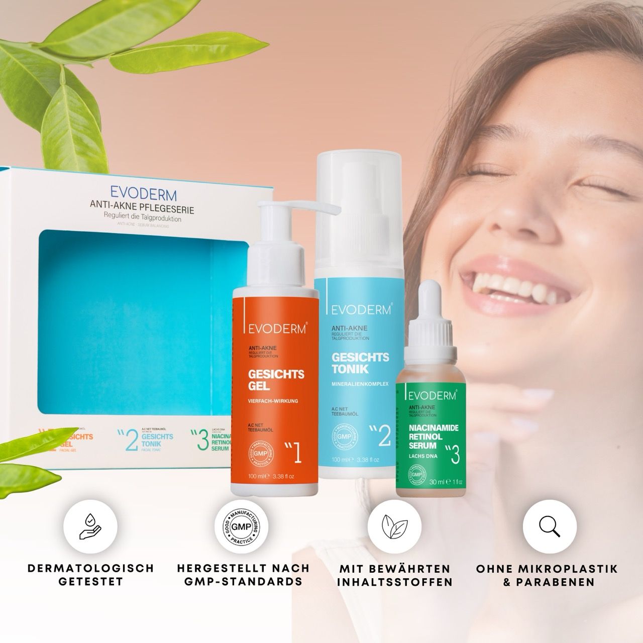 Drei Produkte: Gel, Toner und Serum. Frau im Hintergrund. Text: Anti-Akne Pflegeserie. Dermatologisch getestet.