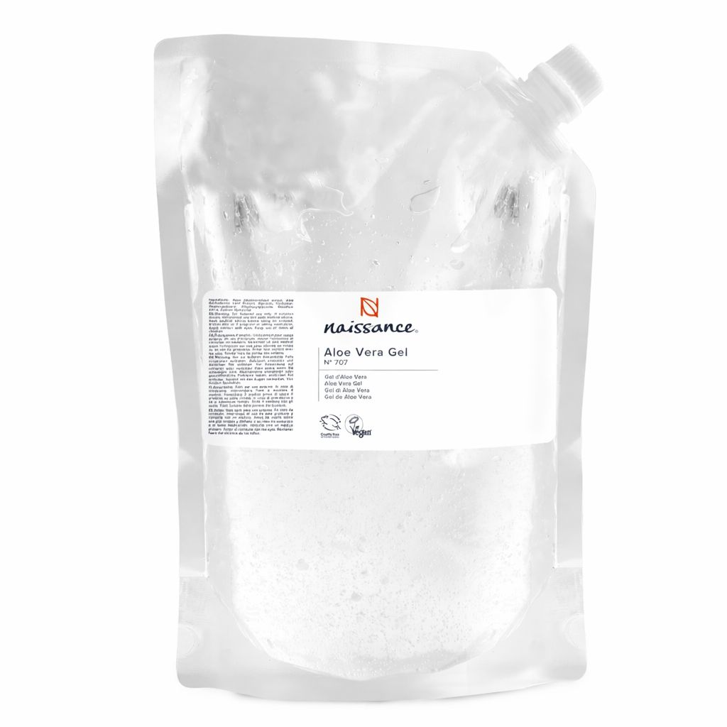 Beutel mit Naissance Aloe Vera Gel. Etikett mit Text.