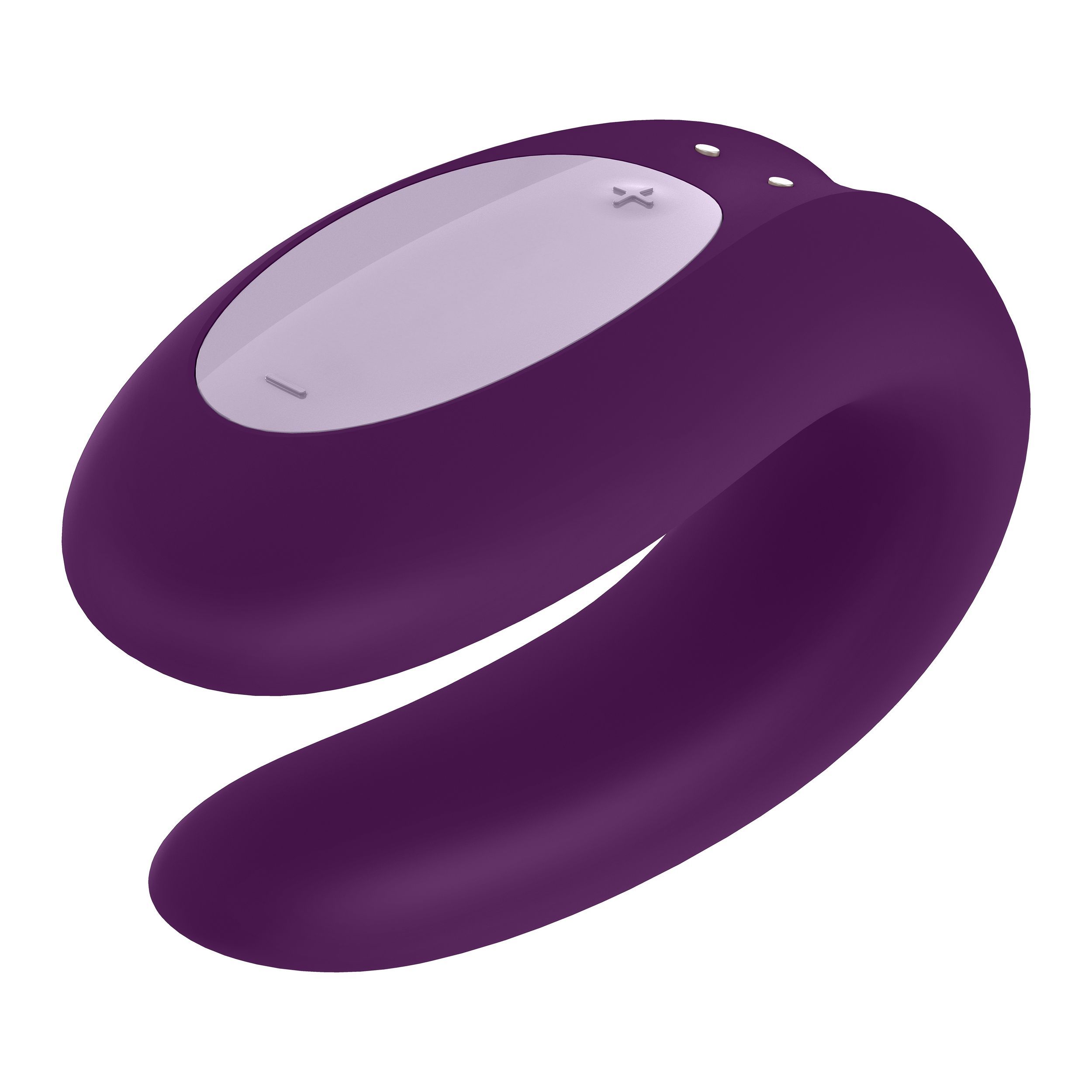 Vibrator in Violett. U-förmig mit ovalem Kopf und Bedienfeld. Zwei Knöpfe und ein X-Symbol sind sichtbar.