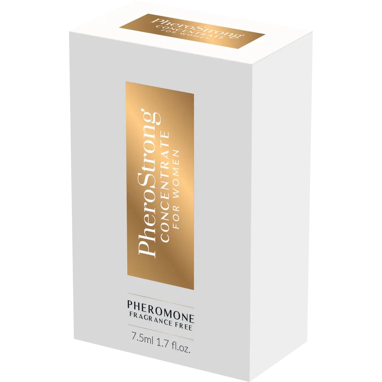 Weiße Verpackung mit goldfarbenem Etikett. Aufschrift: PheroStrong Concentrate for Women, Pheromone Fragrance Free.