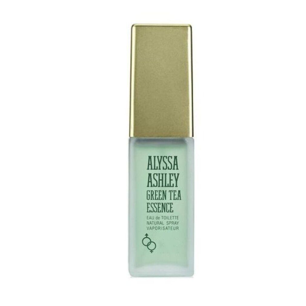Alyssa Ashley Green Tea Essence Eau de Toilette Spray. Grünliche Flasche mit goldener Kappe. Produktbeschriftung.
