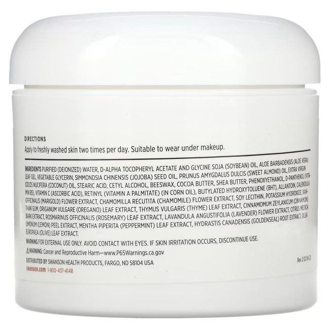 Weißer Tiegel, Rückseite. Text: Directions, Inhaltsstoffe, Warnhinweise. Verteilt von Swanson Health Products. Enthält Warnhinweis California Proposition 65.