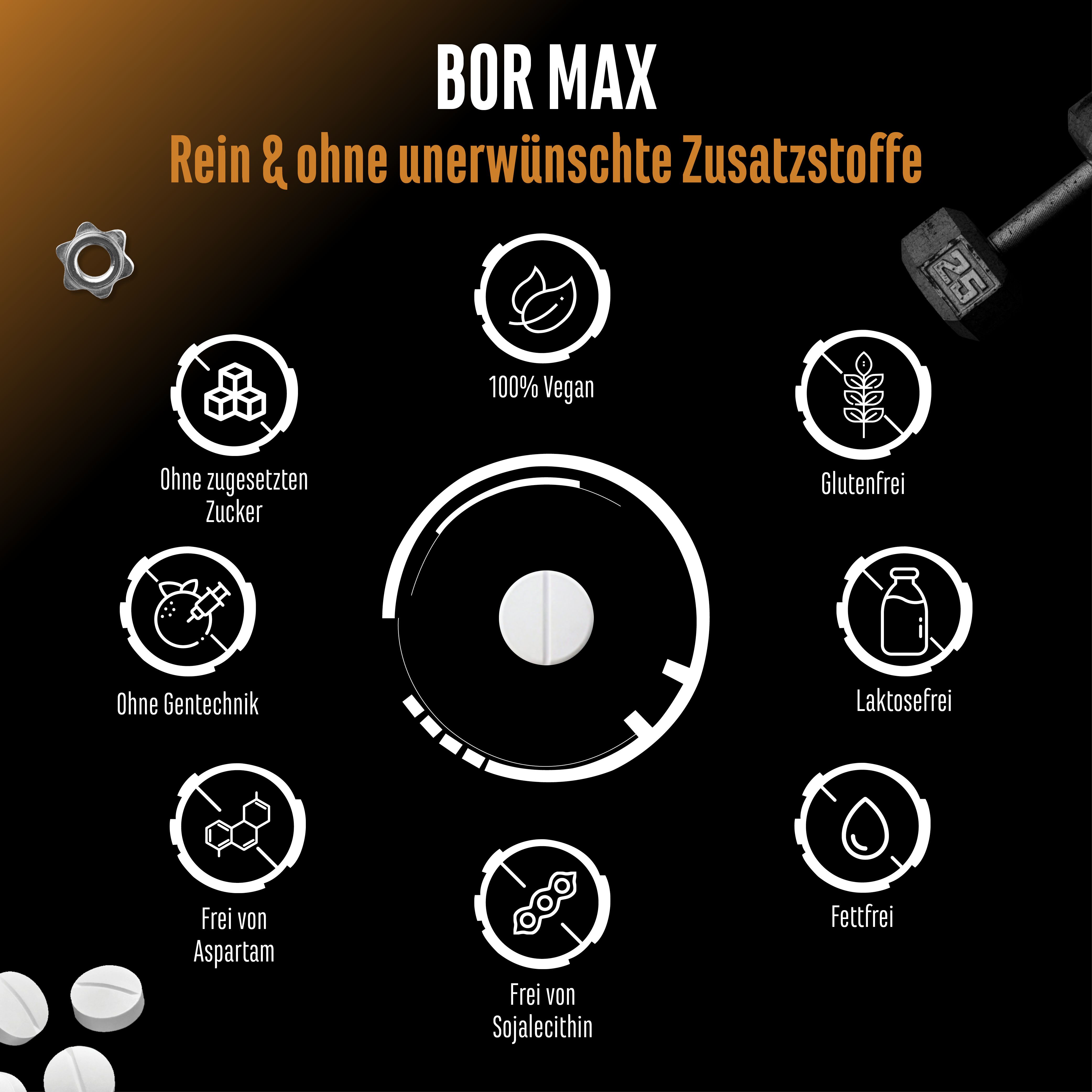Grafik mit Symbolen: Ohne Zucker, vegan, glutenfrei, ohne Gentechnik, frei von Aspartam, frei von Sojalecithin, fettfrei.