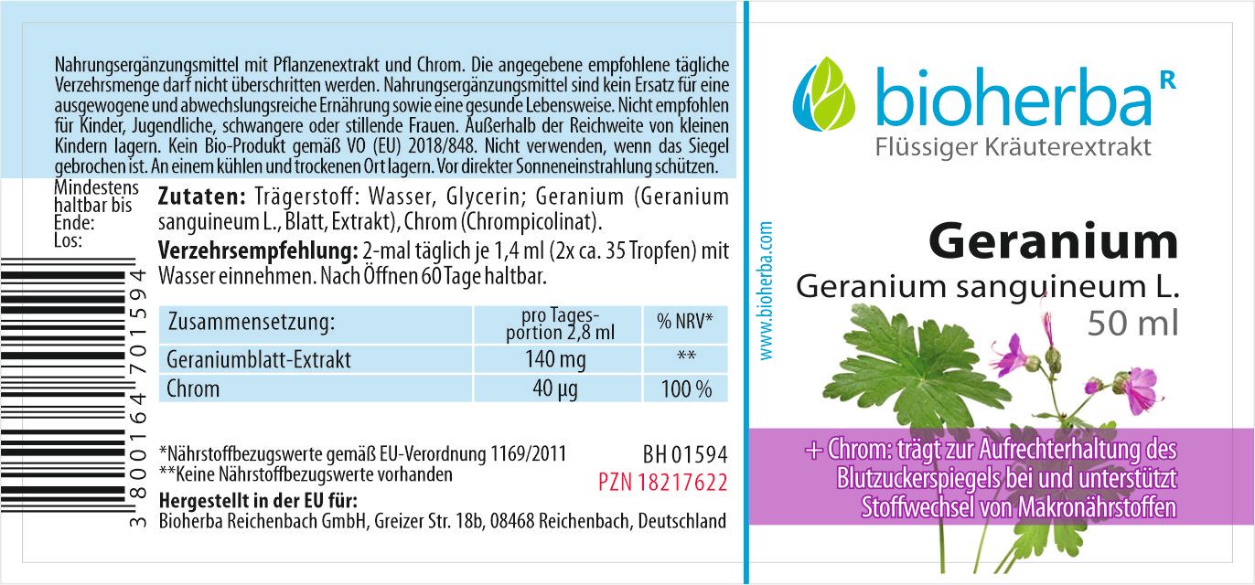 Etikett mit "Bioherba" und "Geranium". Text: "Geranium sanguineum L.". Enthält Informationen zu Inhaltsstoffen und Dosierung.