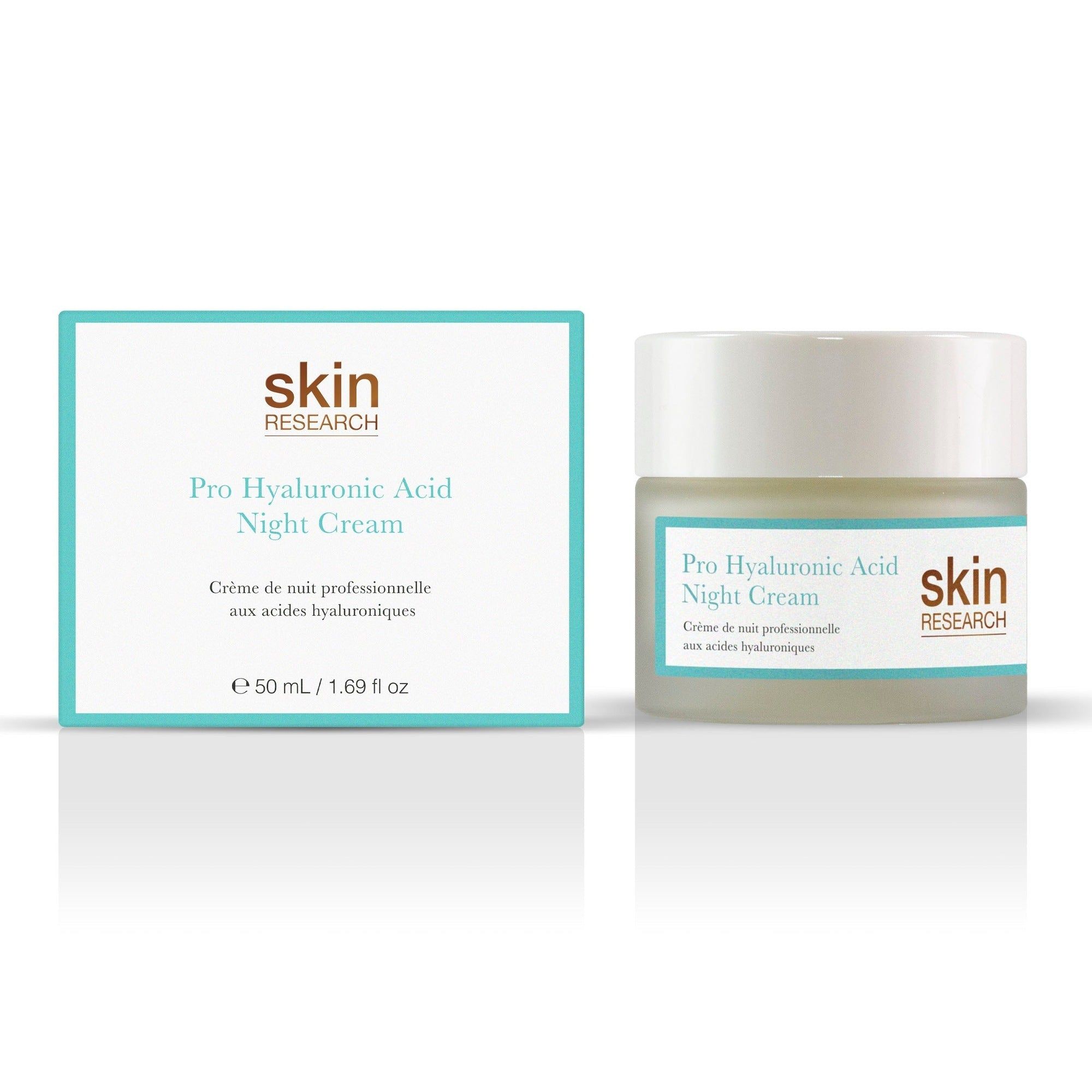 Creme-Glas und Verpackung. Aufschrift: Pro Hyaluronsäure Nachtcreme. Marke: skin research. 50 ml.