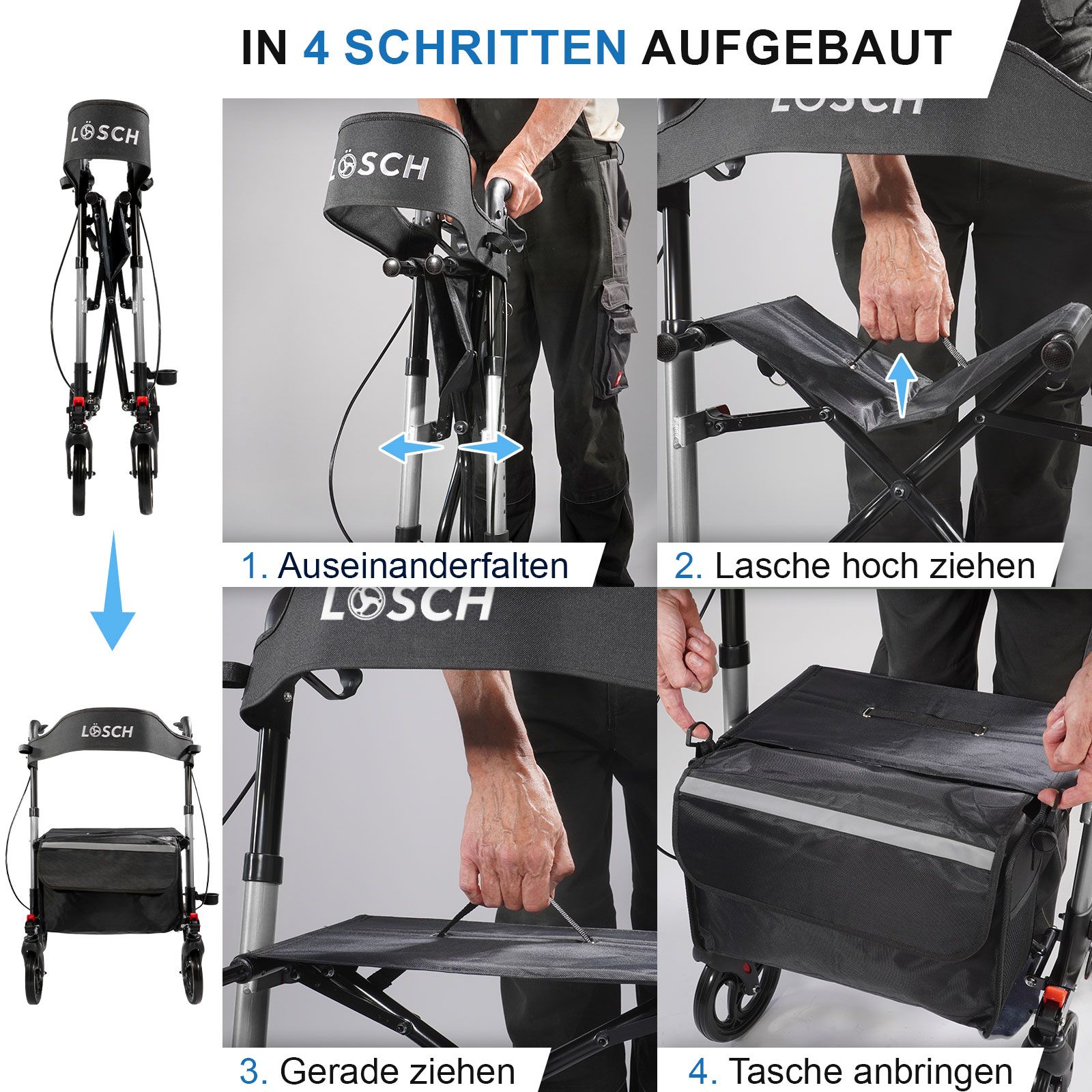 Rollator mit schwarzem Sitz, Tasche und Rädern. Marke: Lösch. In 4 Schritten aufgebaut.