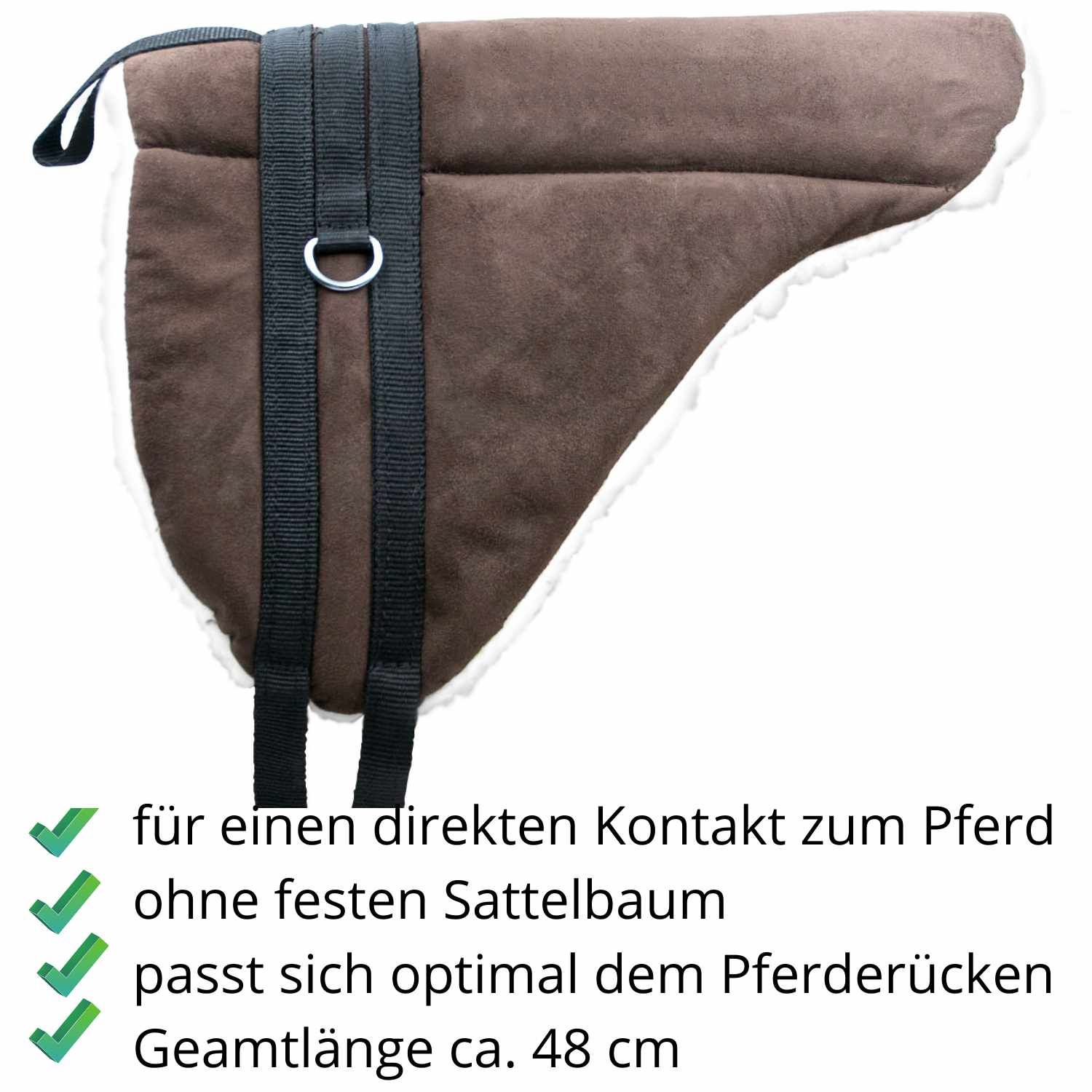 Braunes Reitkissen mit schwarzen Gurten und Metallring. Gesamtlänge ca. 48 cm. Weißes Fell an den Rändern.
