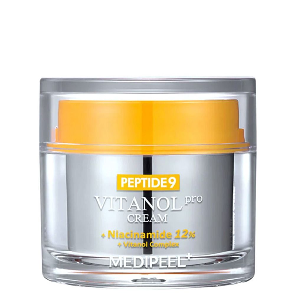 Cremetiegel mit gelbem Deckel. Enthält Peptide 9 Vitanol Pro Cream, Niacinamid 12% und Vitamin Complex.