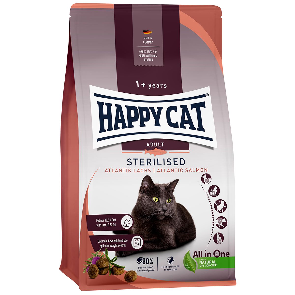 Happy Cat Adult Sterilised Atlantik Lachs Trockenfutter-Beutel mit schwarzer Katze und Produktinformationen.