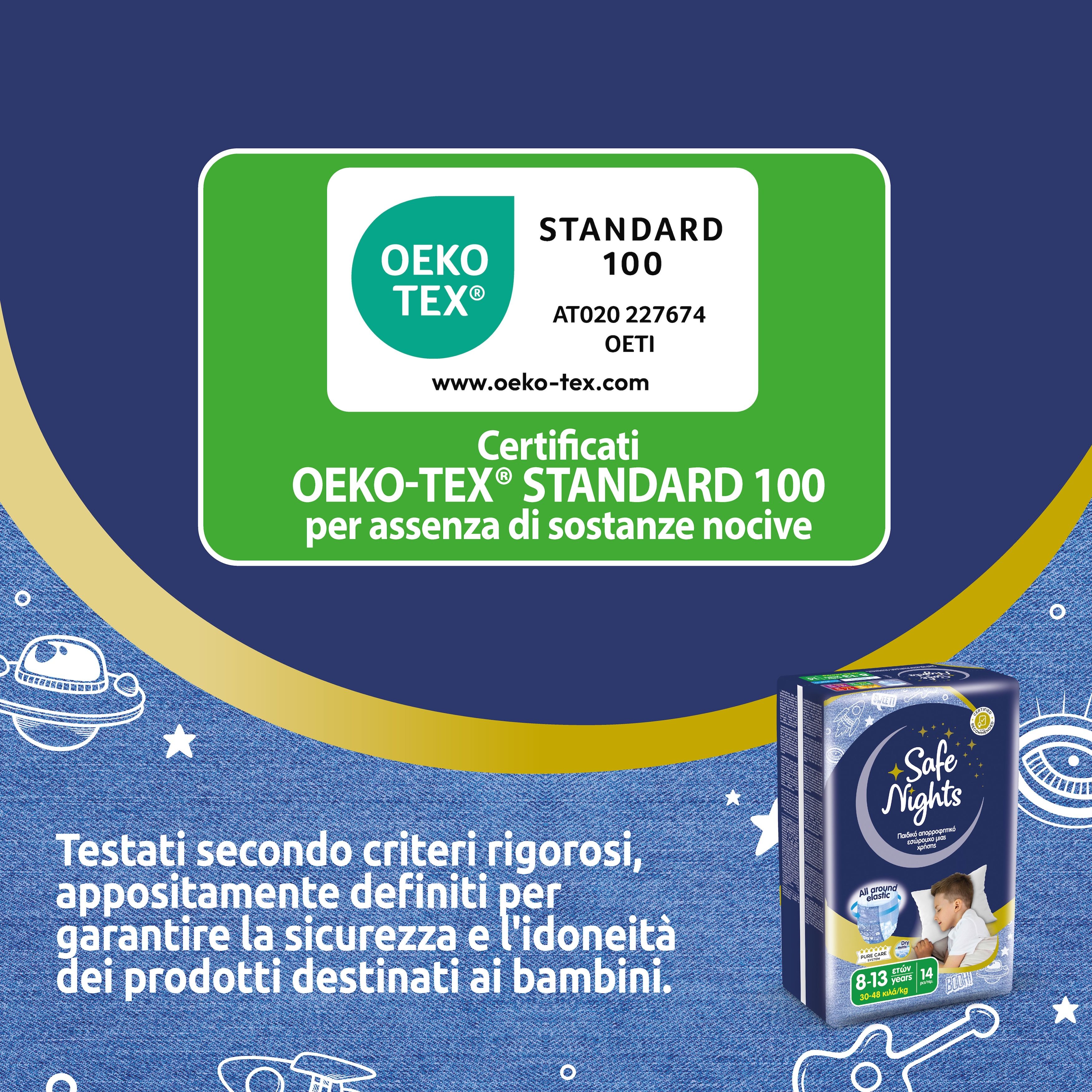 Verpackung Babylino Safe Nights. Oeko-Tex Standard 100 Zertifizierung. Text auf Italienisch. Produktabbildung.