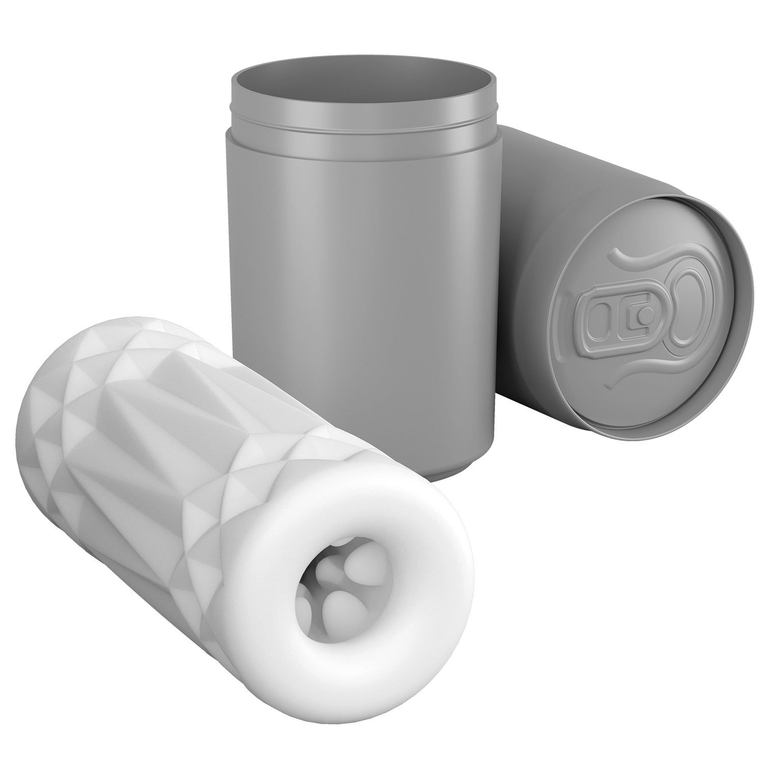 Weißes, zylindrisches Produkt mit geometrischer Oberfläche, neben Dose und Behälter. Geometrische Oberfläche.