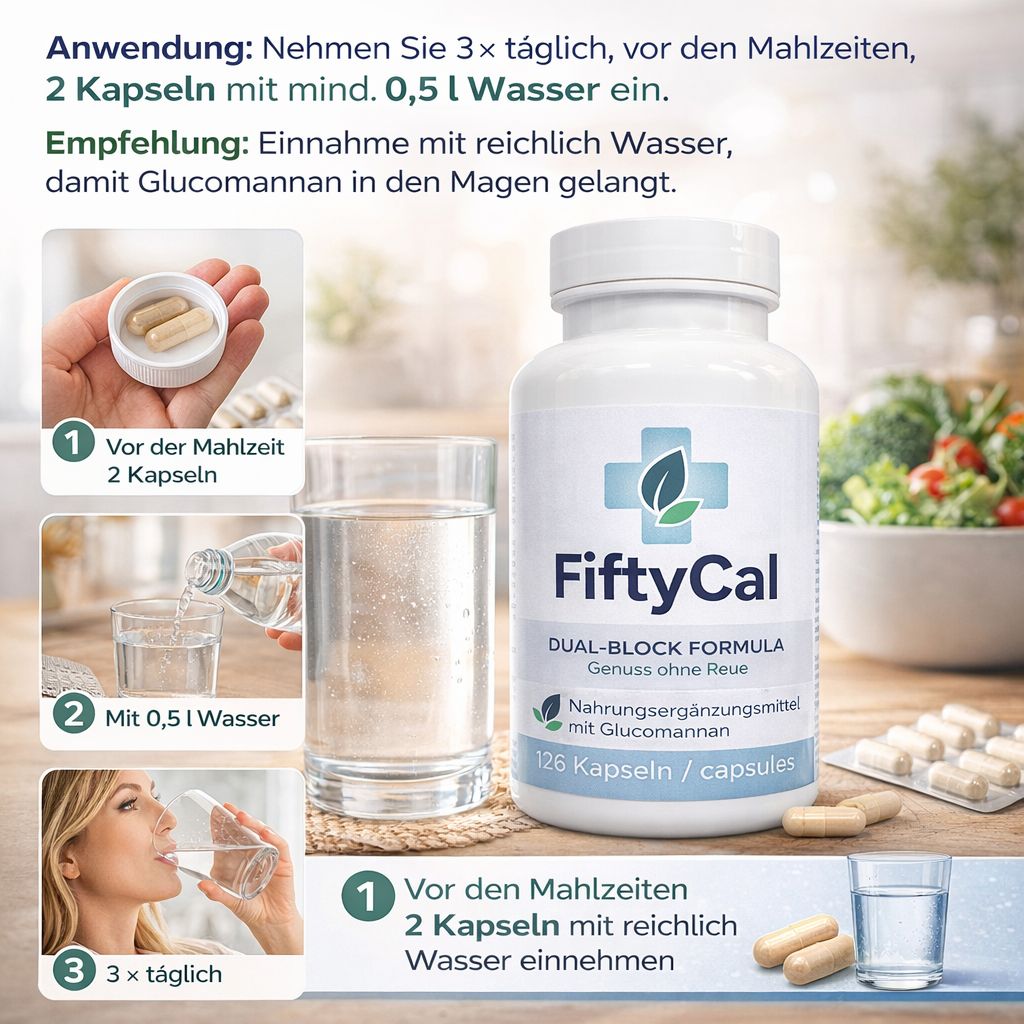 Flasche FiftyCal mit Kapseln und Wasser. Aufschrift: Dual-Block Formula. Anweisungen: 2 Kapseln mit Wasser vor den Mahlzeiten einnehmen.