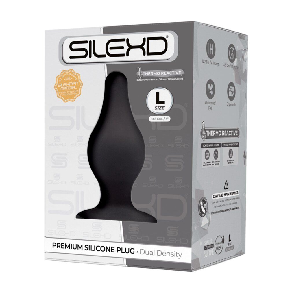 Verpackung mit schwarzem Silikon-Plug. Marke SILEXD, Größe L. Produktname: Premium Silicone Plug.