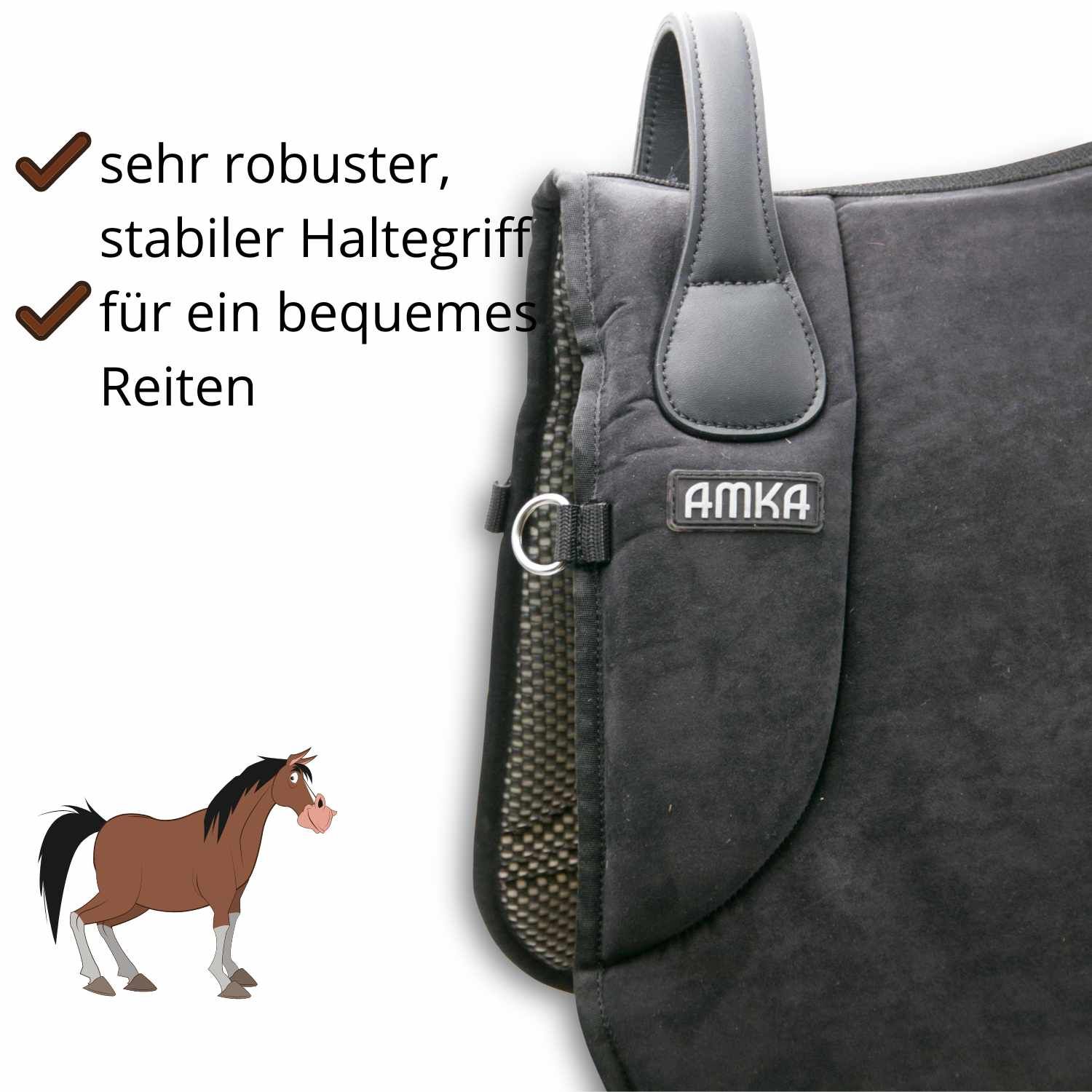 Detail des AMKA Wildleder Reitpads. Robuster Haltegriff. AMKA-Logo. D-Ring. Text: sehr robuster, stabiler Haltegriff.
