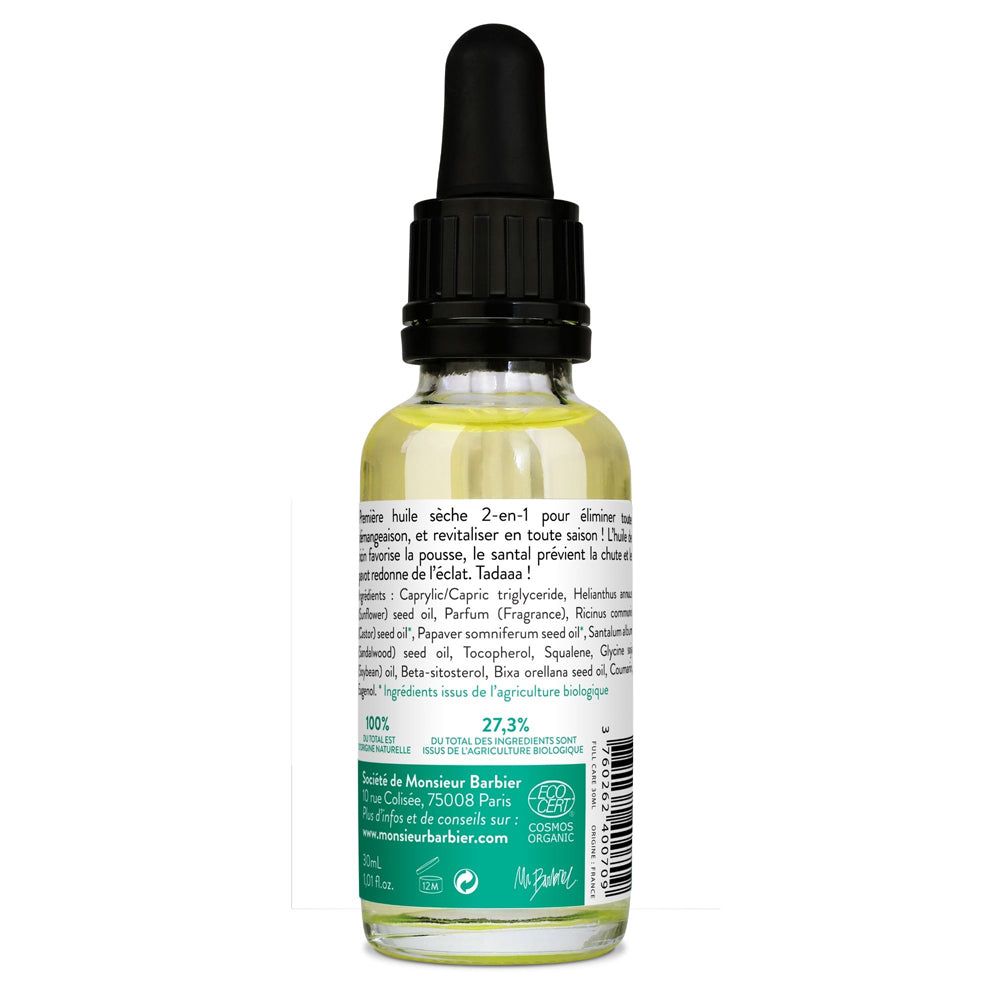 Rückseite einer Ölflasche. Text mit Inhaltsstoffen und Zertifizierungen. 'Cosmos Organic' und 'BIO' Siegel.