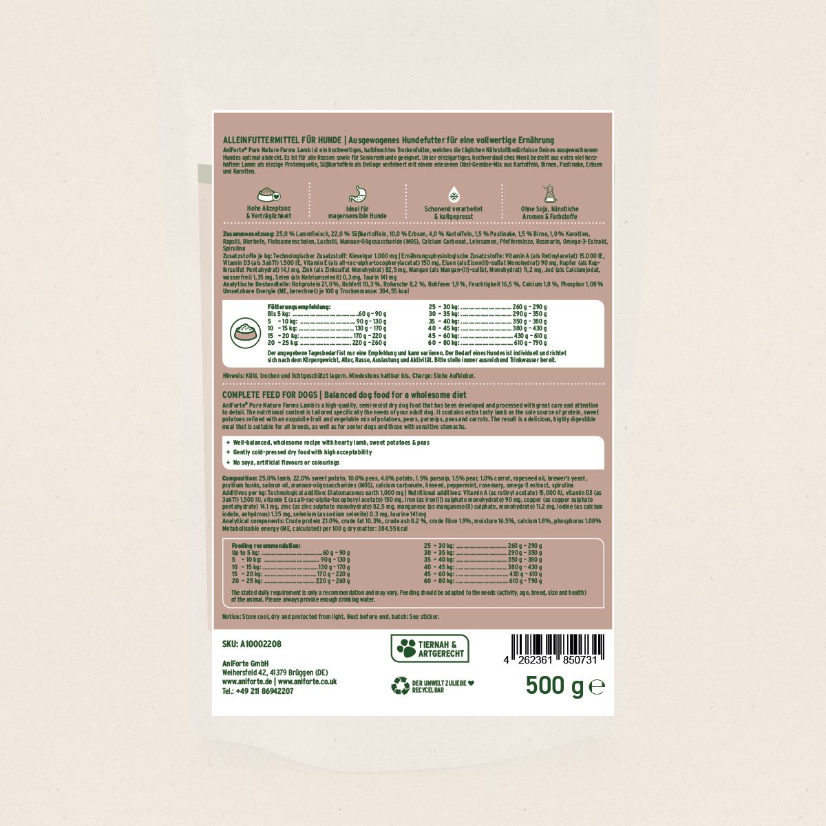 Rückseite der Verpackung von Hundefutter. Enthält Informationen zu Inhaltsstoffen, Fütterungsempfehlungen und Herstellerdetails. 500g.