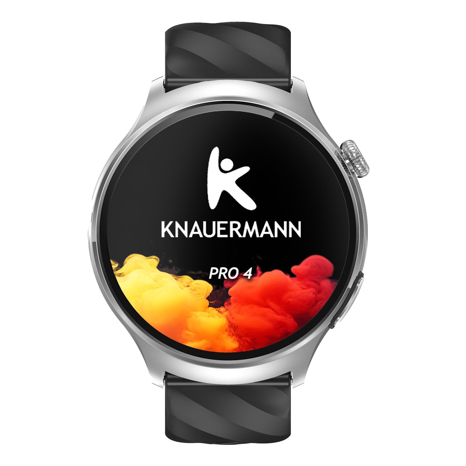 Smartwatch mit rundem Display. Silbernes Gehäuse, schwarzes Armband. Anzeige: Logo, "KNAUERMANN", "PRO 4". Farbiger Hintergrund.