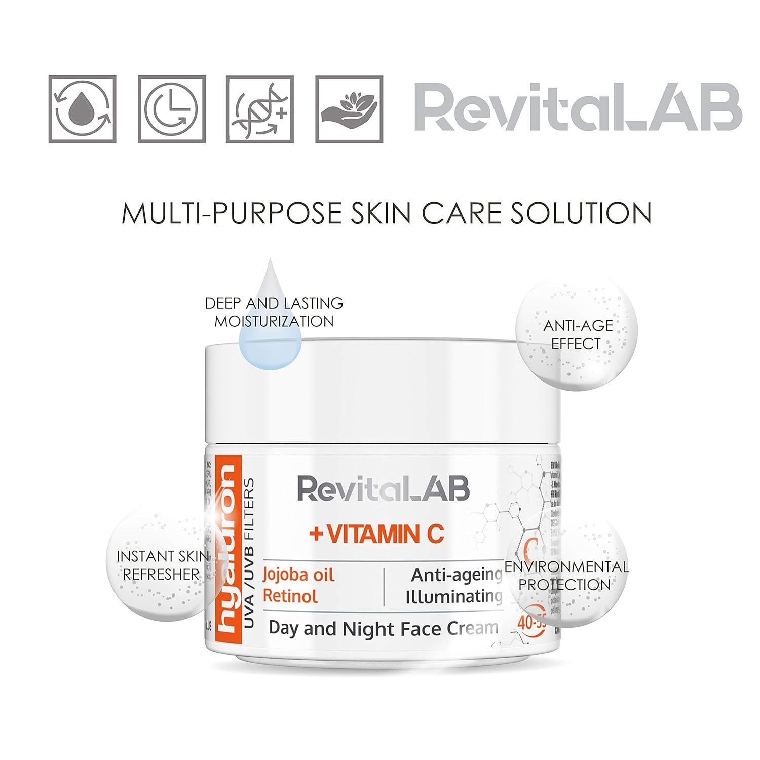Weißer Tiegel RevitaLAB + Vitamin C. Mit Aufschriften: Jojobaöl, Retinol, Anti-Aging. Tages- und Nachtcreme. Zusätzliche Grafiken.