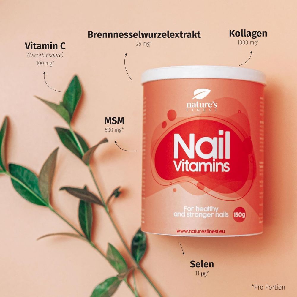 Dose Nagel Vitamine mit Angaben zu Vitamin C, Brennnessel, Kollagen, MSM und Selen.