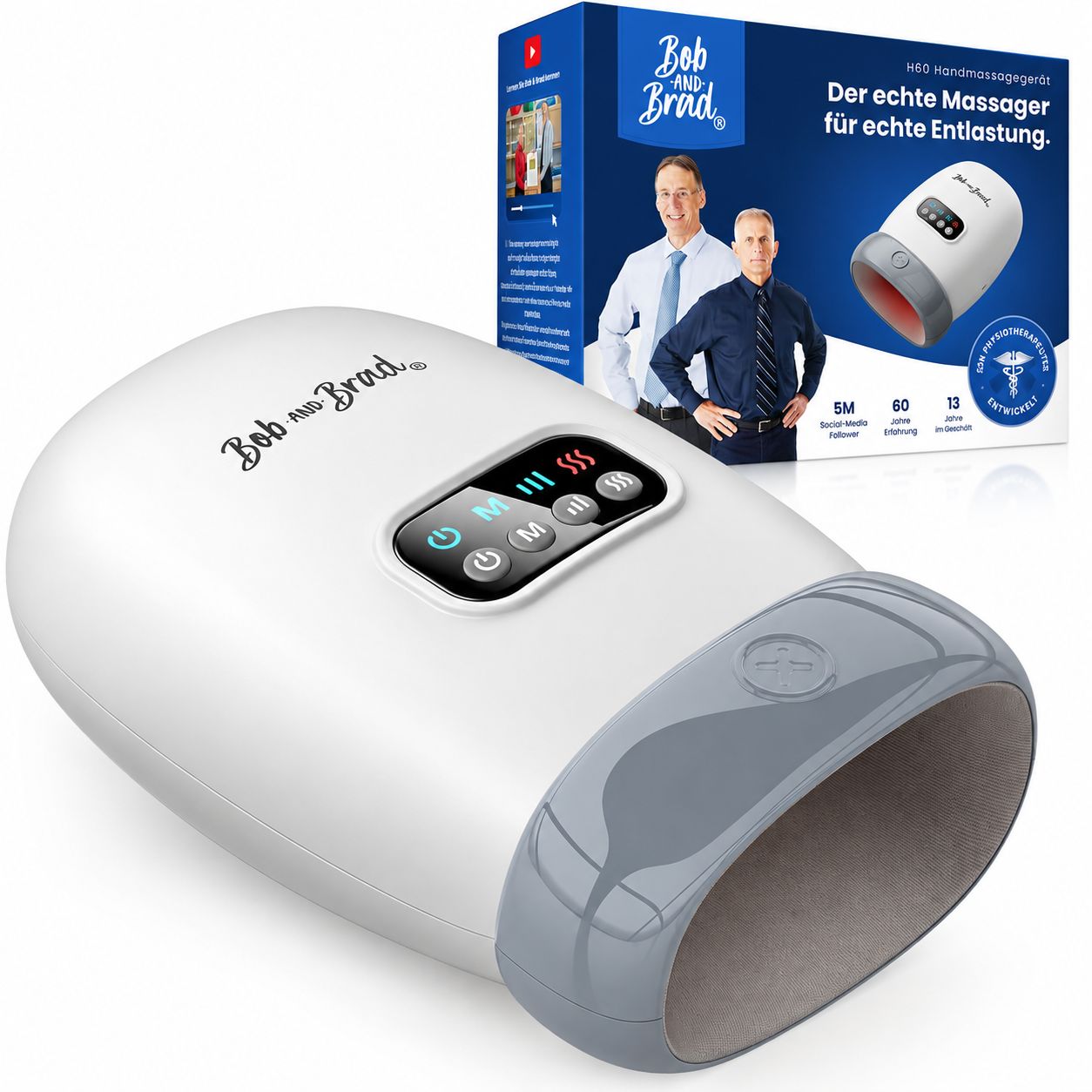 Massagegerät mit Bob and Brad Logo, Verpackung im Hintergrund. Zeigt 3 Modi, 60 Min. Laufzeit, 13 Massageköpfe.