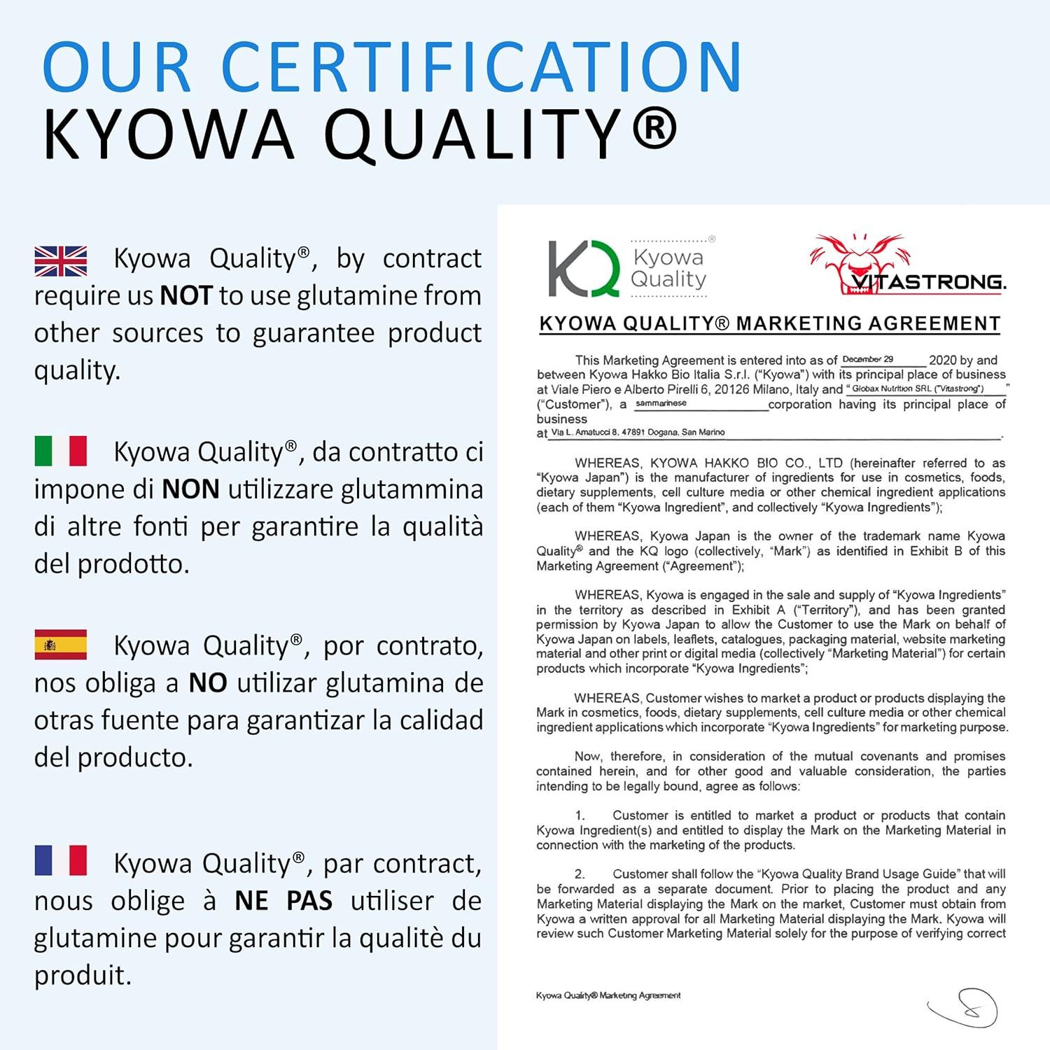 Zertifizierungsdokument. Kyowa Quality® garantiert die Qualität. Text in Englisch, Italienisch, Spanisch und Französisch.
