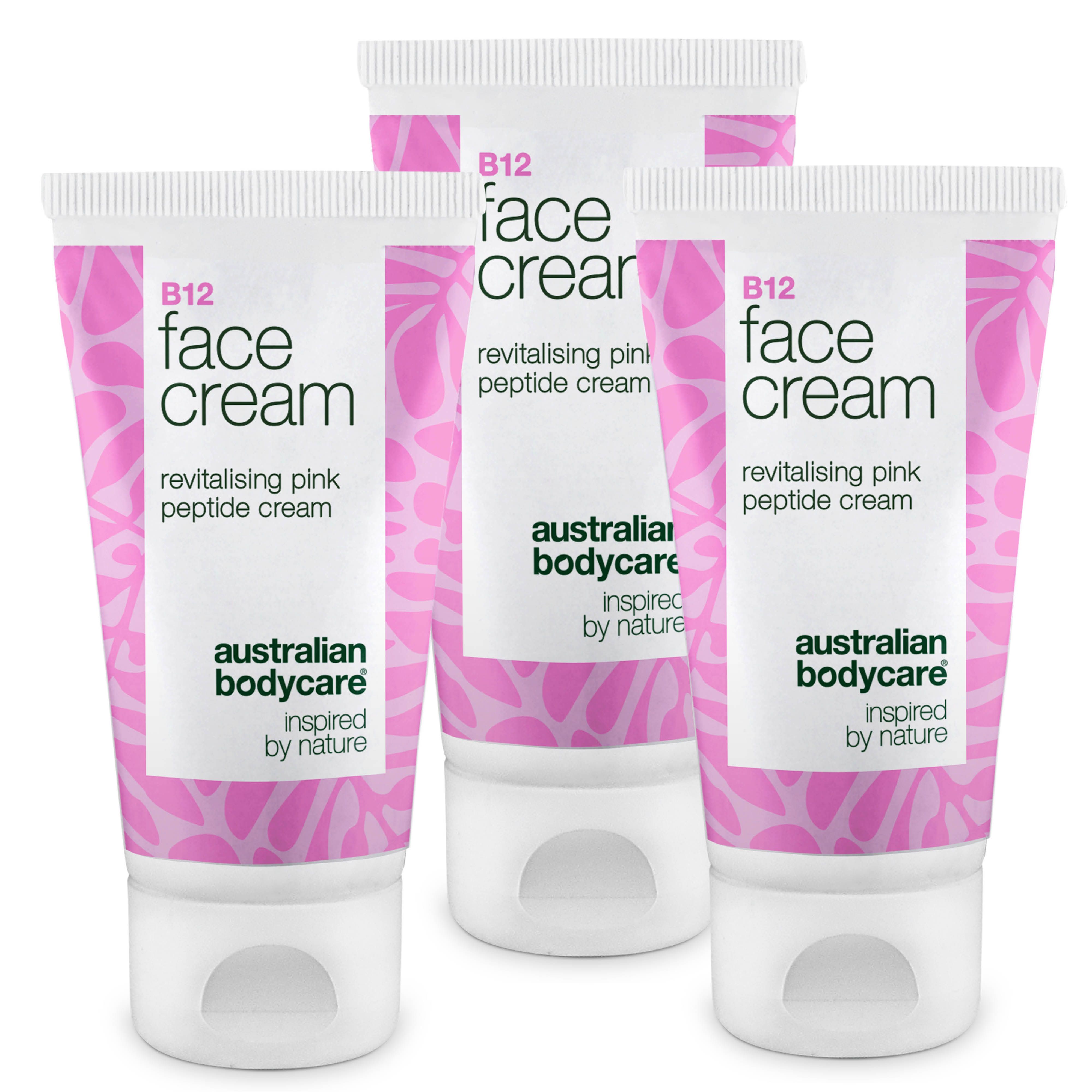 Drei Tuben Gesichtscreme. Weiß-rosa Design, Schriftzug 'B12 face cream'. Marke: Australian Bodycare.