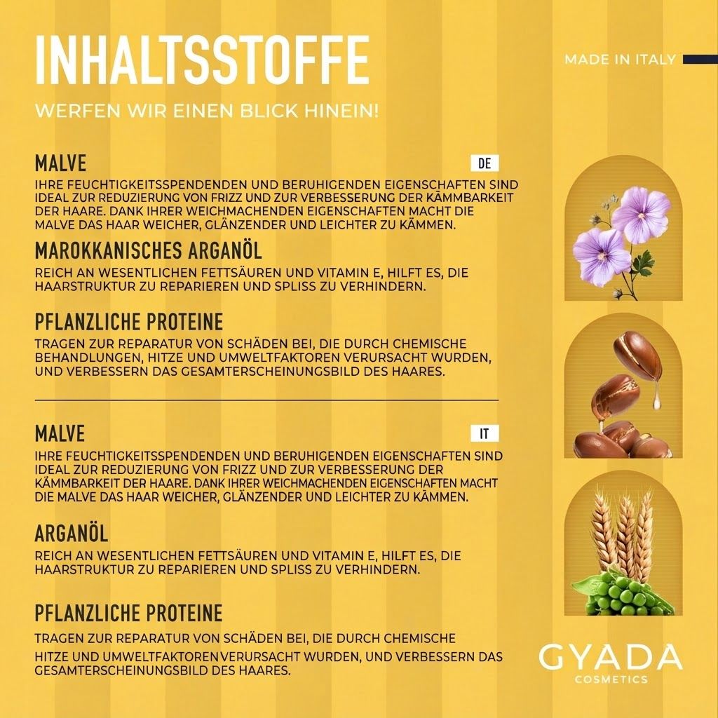 Gelbe Tube mit weißem Etikett, GYADA KOSMETIK, ANTI-FRIZZ SPÜLUNG.