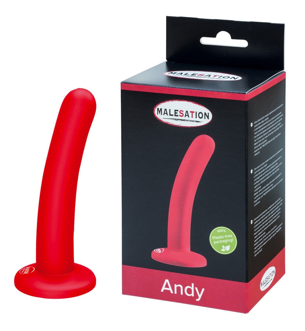 Roter Dildo mit breiter Basis, neben seiner Verpackung. Der Dildo ist gebogen und hat eine glatte Oberfläche.