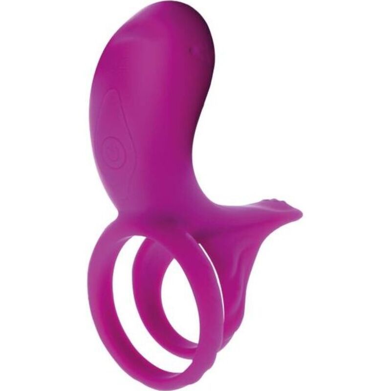 Lila Paar-Stimulationsring. Zwei Ringe, verbunden durch einen gebogenen Teil mit einer Erhebung. Auf dem gebogenen Teil befindet sich ein Knopf.