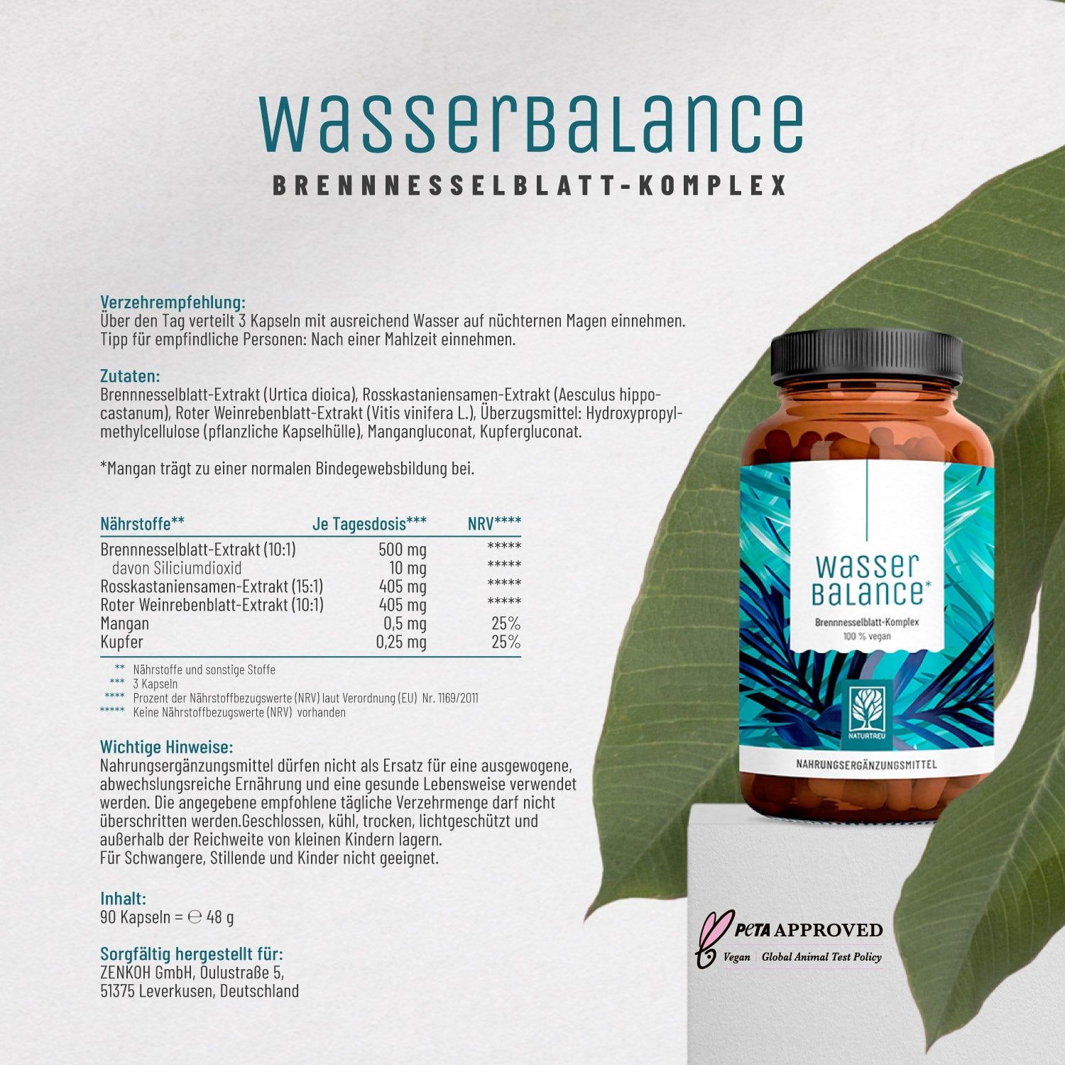 Produktflasche mit Text: Wasser Balance, Brennnesselblatt-Komplex. Zutatenliste, Verzehrempfehlung. PETA-Logo.