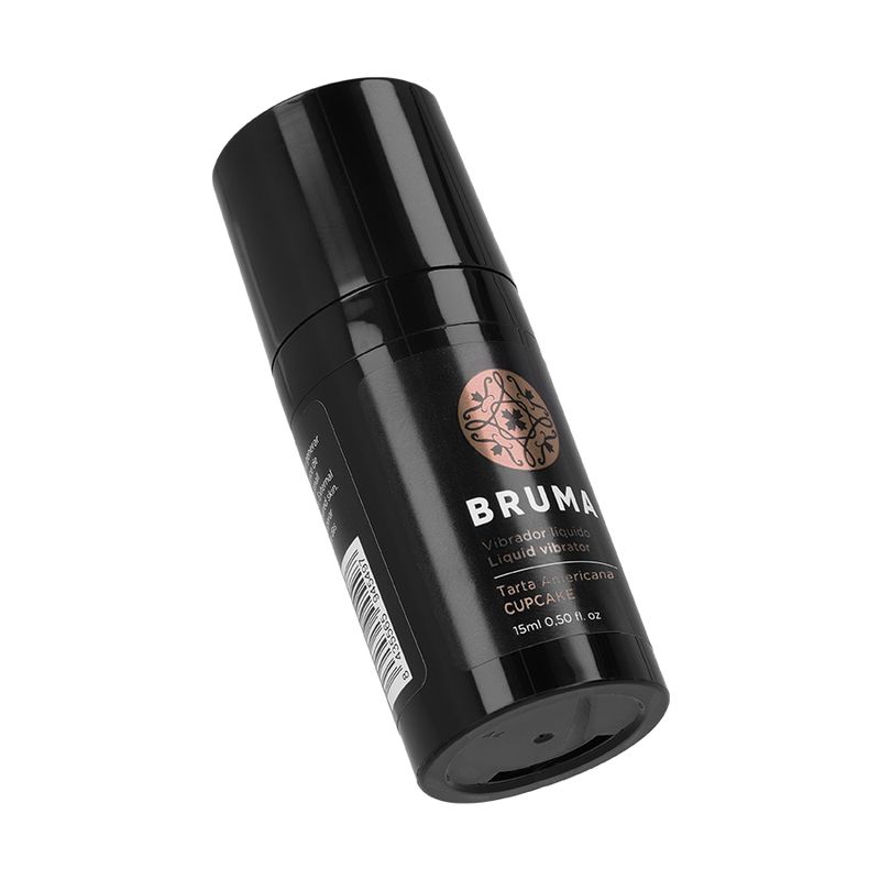 Schwarze Flasche mit Etikett. Aufschrift: Bruma, Flüssigvibrator, Cupcake. 15ml Format. Schräge Ansicht.