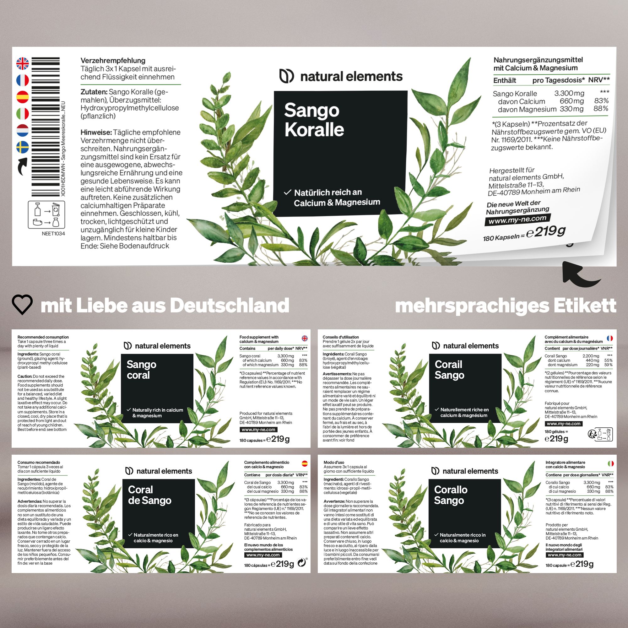 Mehrsprachiges Etikett mit Produktinformationen. Enthält Informationen in verschiedenen Sprachen. Marke: natural elements.