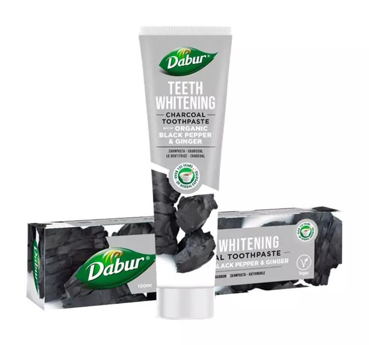 Dabur Herbal Zahnpasta-Tube und Karton, Zähne aufhellend, mit Aktivkohle, schwarzem Pfeffer und Ingwer.