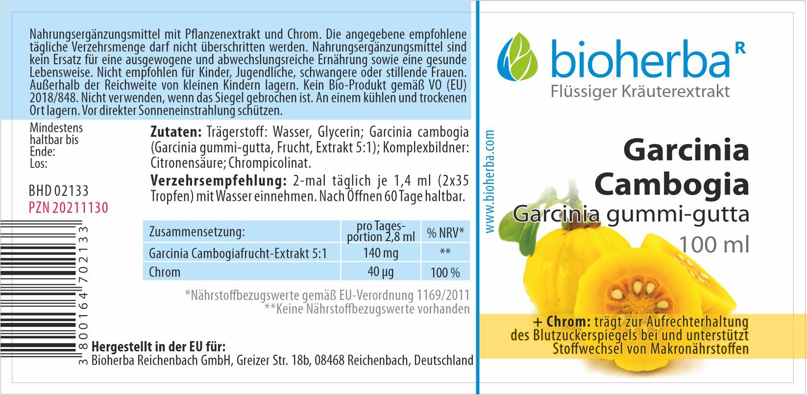Etikett mit Produktinformationen. Bioherba Garcinia Cambogia Tropfen. Zutaten, Nährwertangaben und Verzehrempfehlung. 100 ml Flasche.