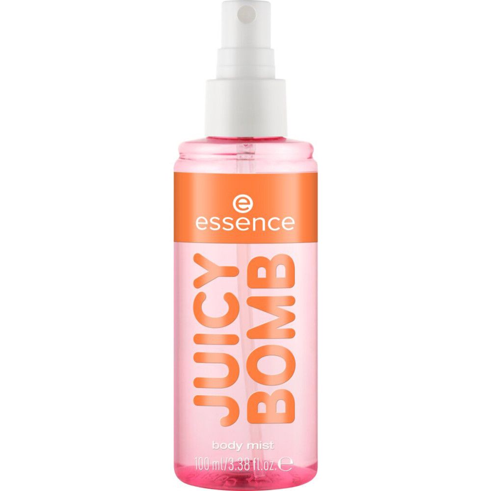 Körpernebel-Sprühflasche. Orangefarbener Streifen mit "essence"-Logo und "JUICY BOMB"-Schriftzug. Rosa Flüssigkeit sichtbar.