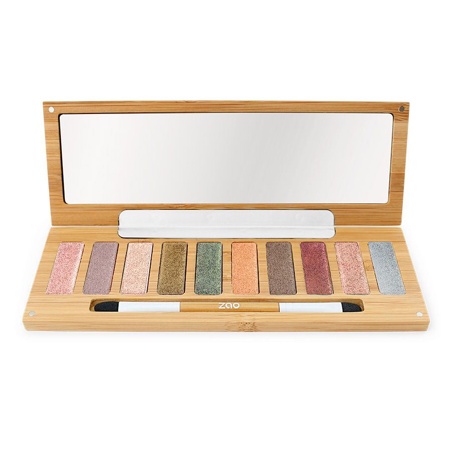 Make-up Palette mit 10 Farben und Spiegel. Holzgehäuse mit Pinsel. Farben: Rosa, Lila, Gold, Grün, Orange, Braun, Rot, Silber.