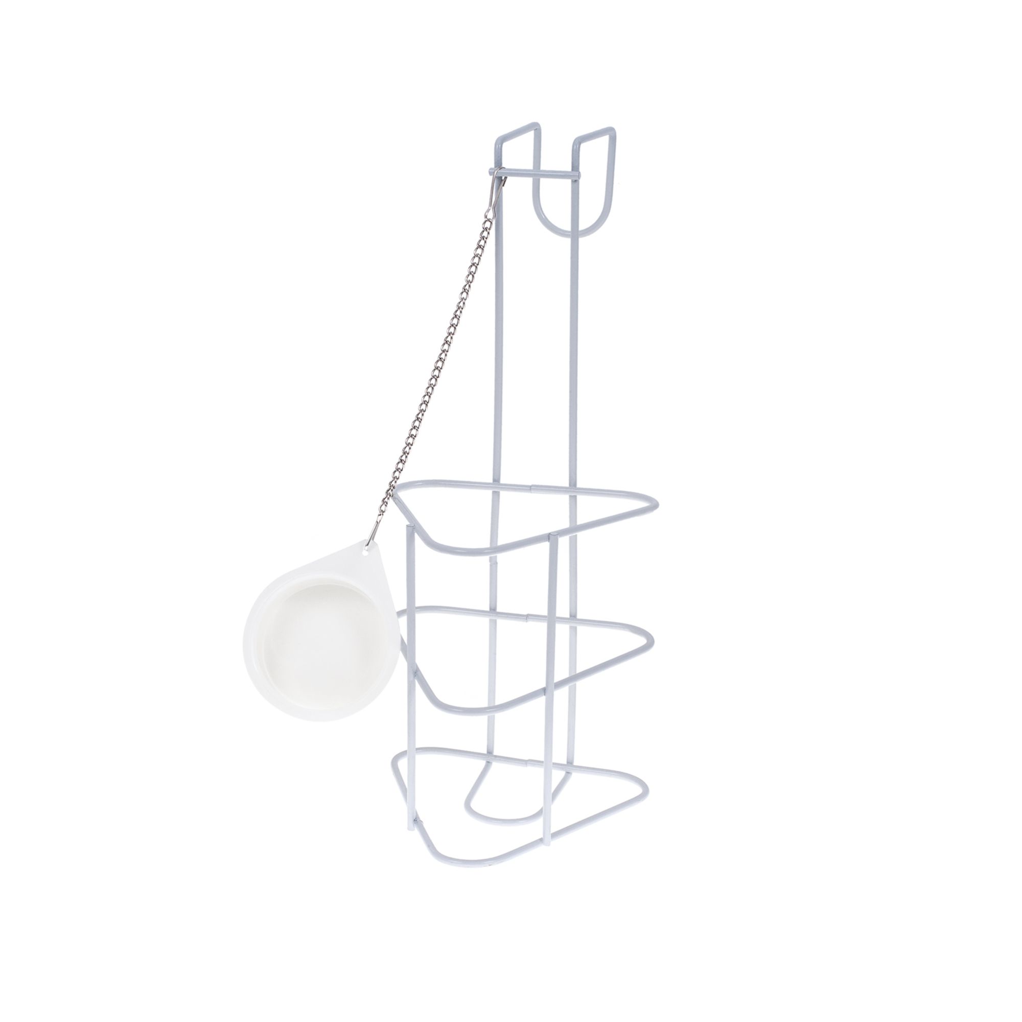 Halterung für Urinflasche aus Metall, mit Kette und weißem Auffangbehälter. Drei Ablagen für Flaschen.