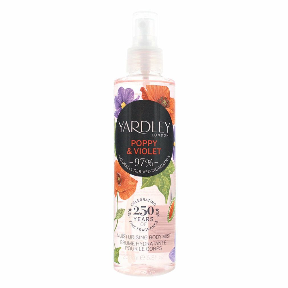Körperspray-Flasche mit floralem Design. Aufschrift: Yardley London, Poppy & Violet, -97% natürlich gewonnene Inhaltsstoffe.