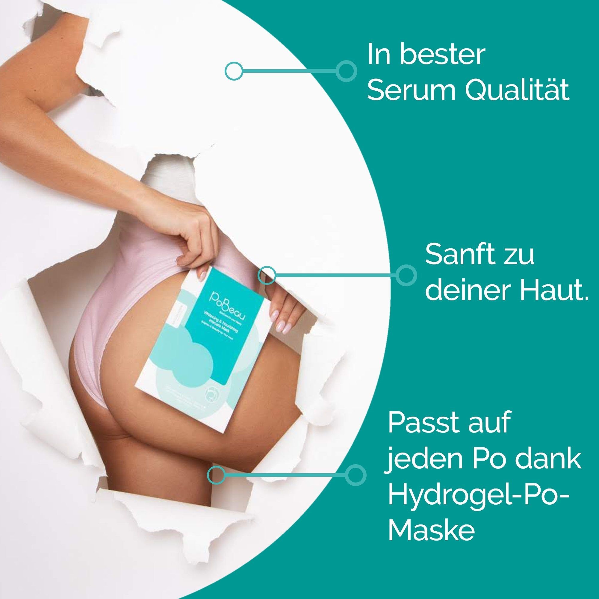 Person hält Pobeau Maske. Text: In bester Serum Qualität, Sanft zu deiner Haut, Passt auf jeden Po dank Hydrogel-Po-Maske. Hintergrund: Papier mit Rissen.
