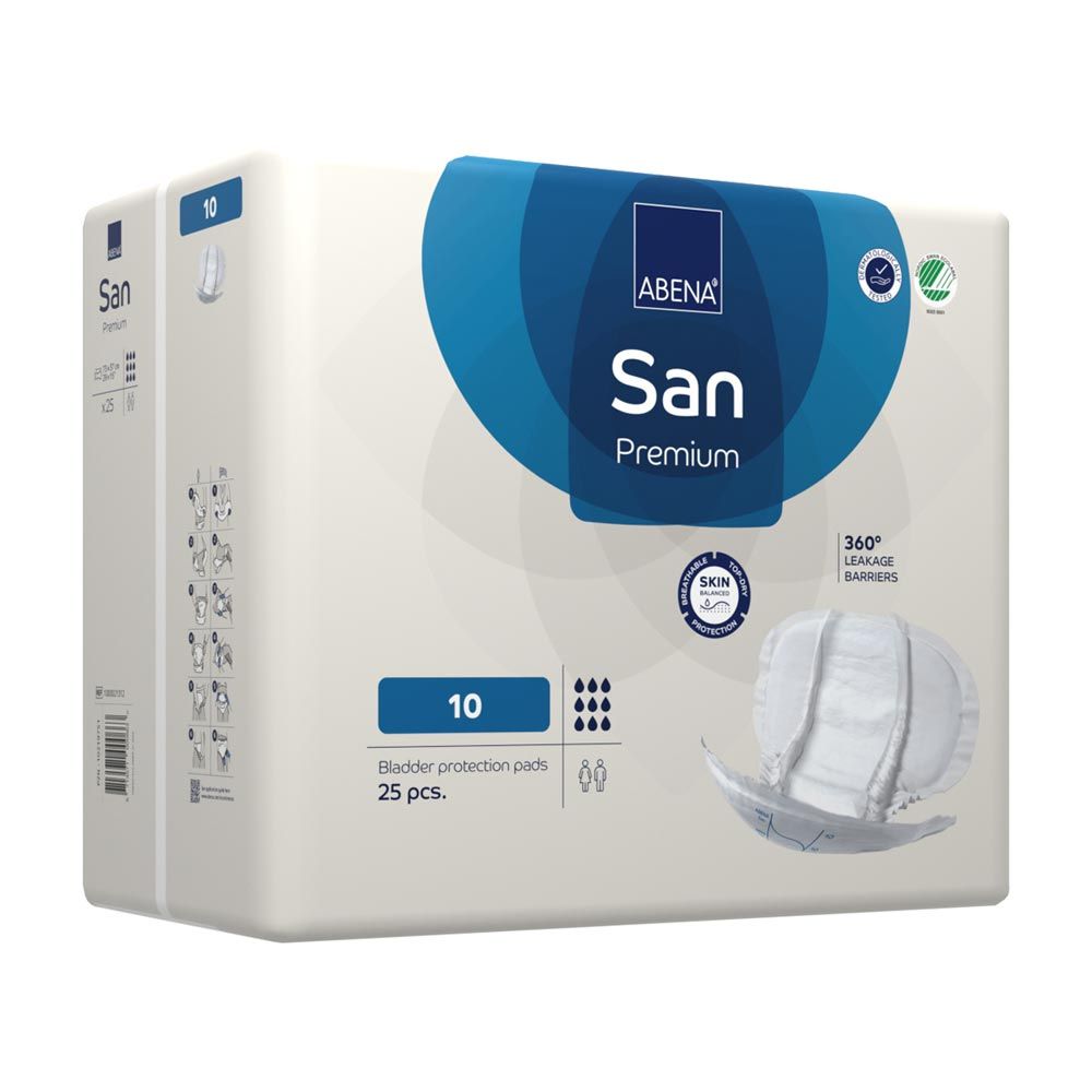 Zwei Packungen ABENA San Premium Vorlagen. Enthält 25 Stück. Mit 360° Auslaufschutz und Hautschutz. Mit Skin Balanced-Logo.